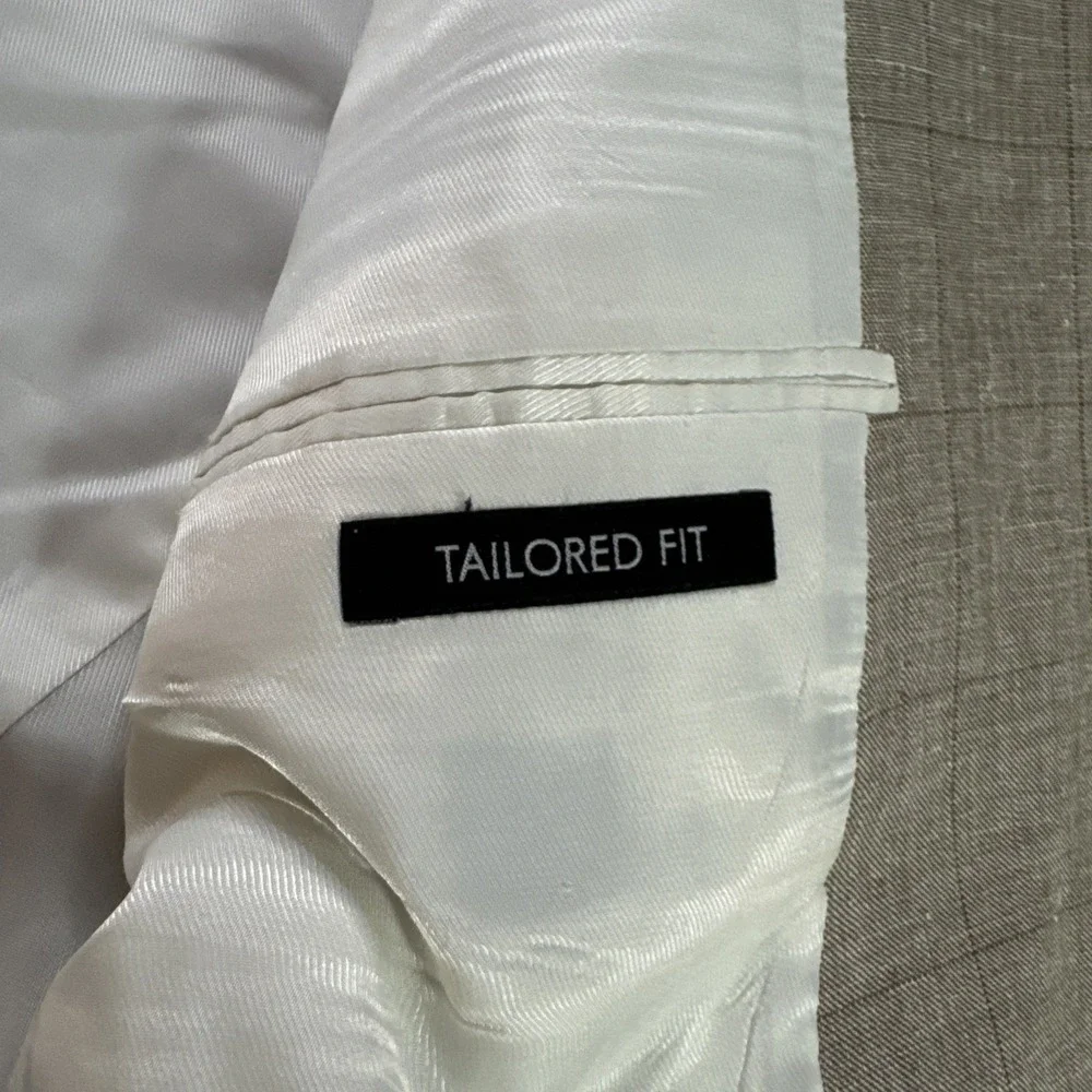 Jos A Bank Sport Coat Sz 46L Slim Beige Windowpane Plaid Silk Wool Linen Jacket